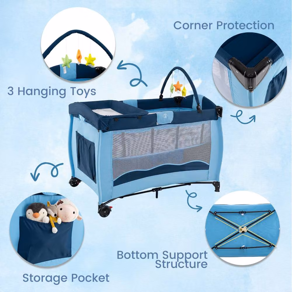 Gymax Folding Playpen in Blue with Diaper Changing Table, 2 Lockable Wheels and 3 Hanging Toys – 7