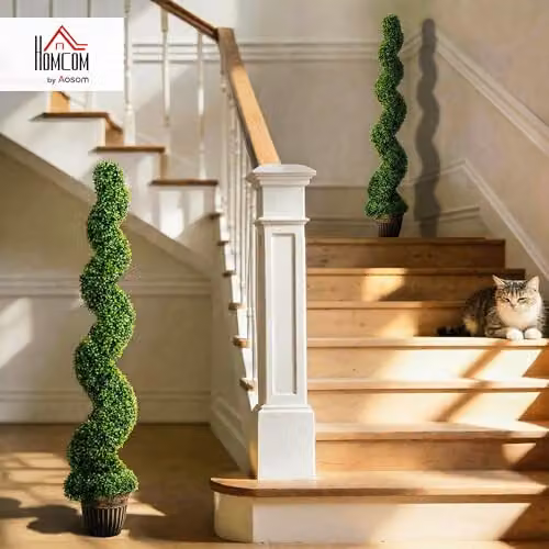 HOMCOM Set of 2 Green Artificial Topiary Spiral Boxwood Trees in Pots, H 150 cm x W 26 cm x D 26 cm – 3