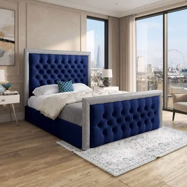 Casani Thornton Blue Soft Velvet Upholstered Designer Bed Frame W/D/H: 180 x 200 cm – 1