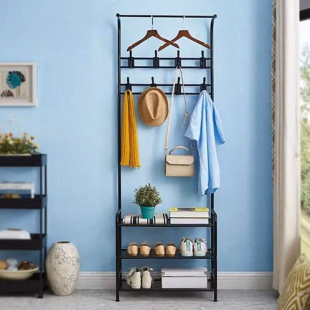 SPETLEK Hall Tree with Shoe Storage Bench and Coat Rack in Matt Black