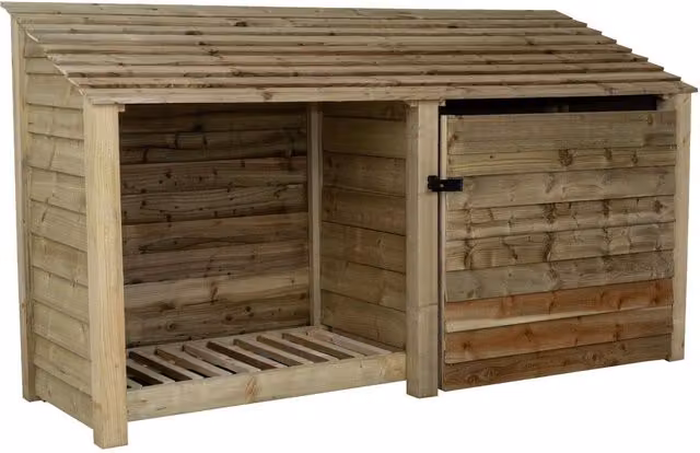 Arbor Garden Solutions Double Bay Wooden Garden Tool and Firewood Storage in Green and Brown, W: 227 cm, H: 126 cm, D: 54.5 cm