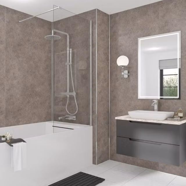 Wetwall Greige Stone Laminate Wall Panel with Tongue and Groove, W: 118.5 cm, H: 242.0 cm, D: 1.1 cm