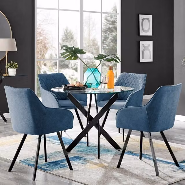 FurnitureboxUK Novara Round Glass Dining Table and 4 Falun Chairs in Blue