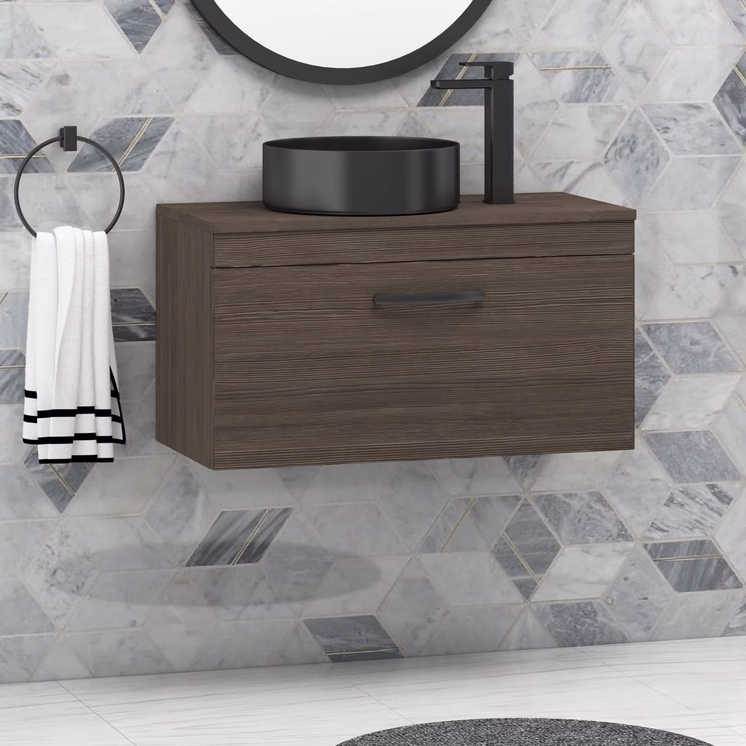 Royal Bathrooms Turin 800mm Grey Elm 1-Drawer Wall Hung Unit and Art Round Countertop Basin