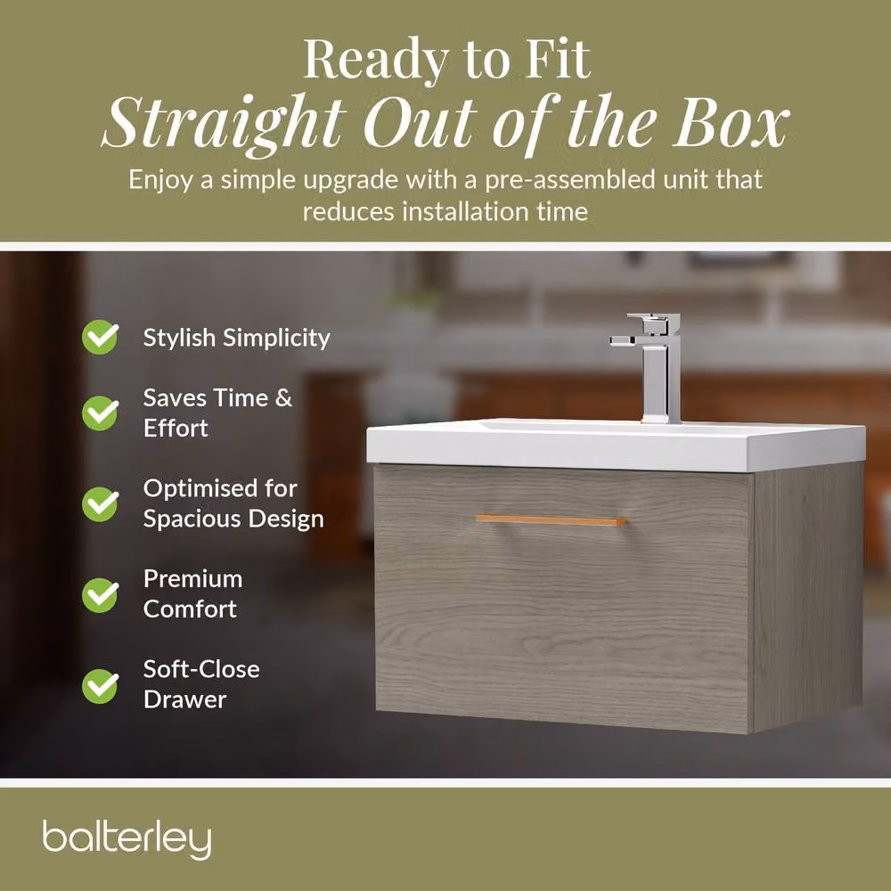 Balterley Mid Oak Wall Hung 1 Drawer Vanity Basin Unit with Copper Handle in Brown – 4