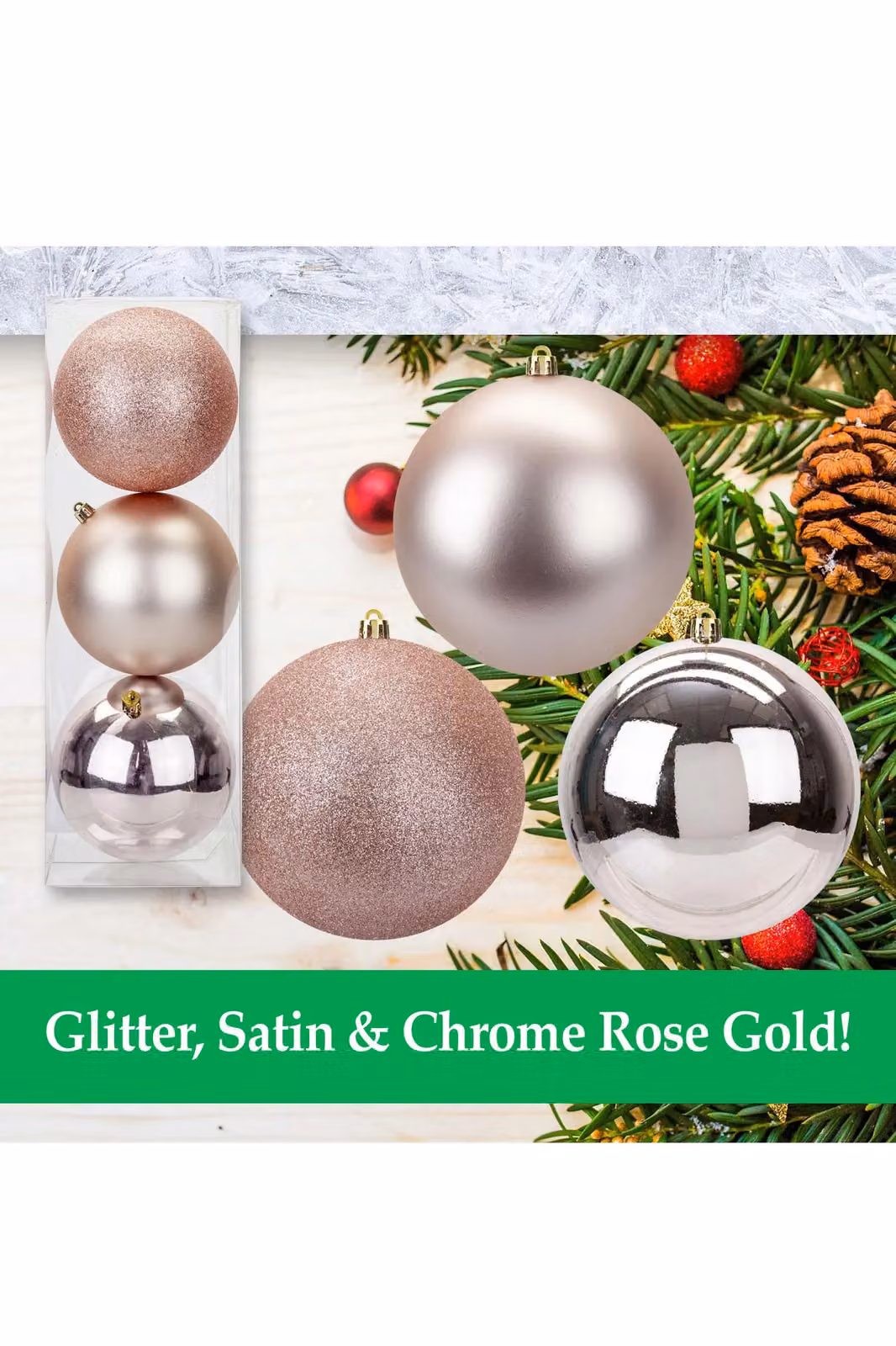 VFM e-Store Christmas Bauble Pack of 3 in Gold, Silver and Pink, Diameter: 12 cm – 2