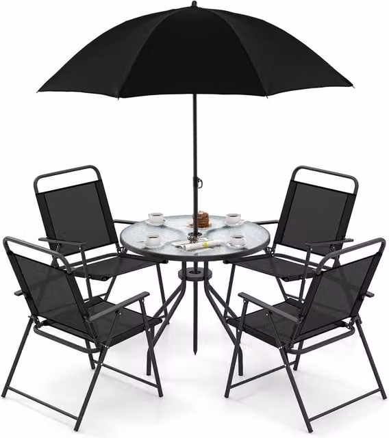 Gymax 6 Piece Outdoor Dining Set with Glass and Metal Table for 4 in Black – 1