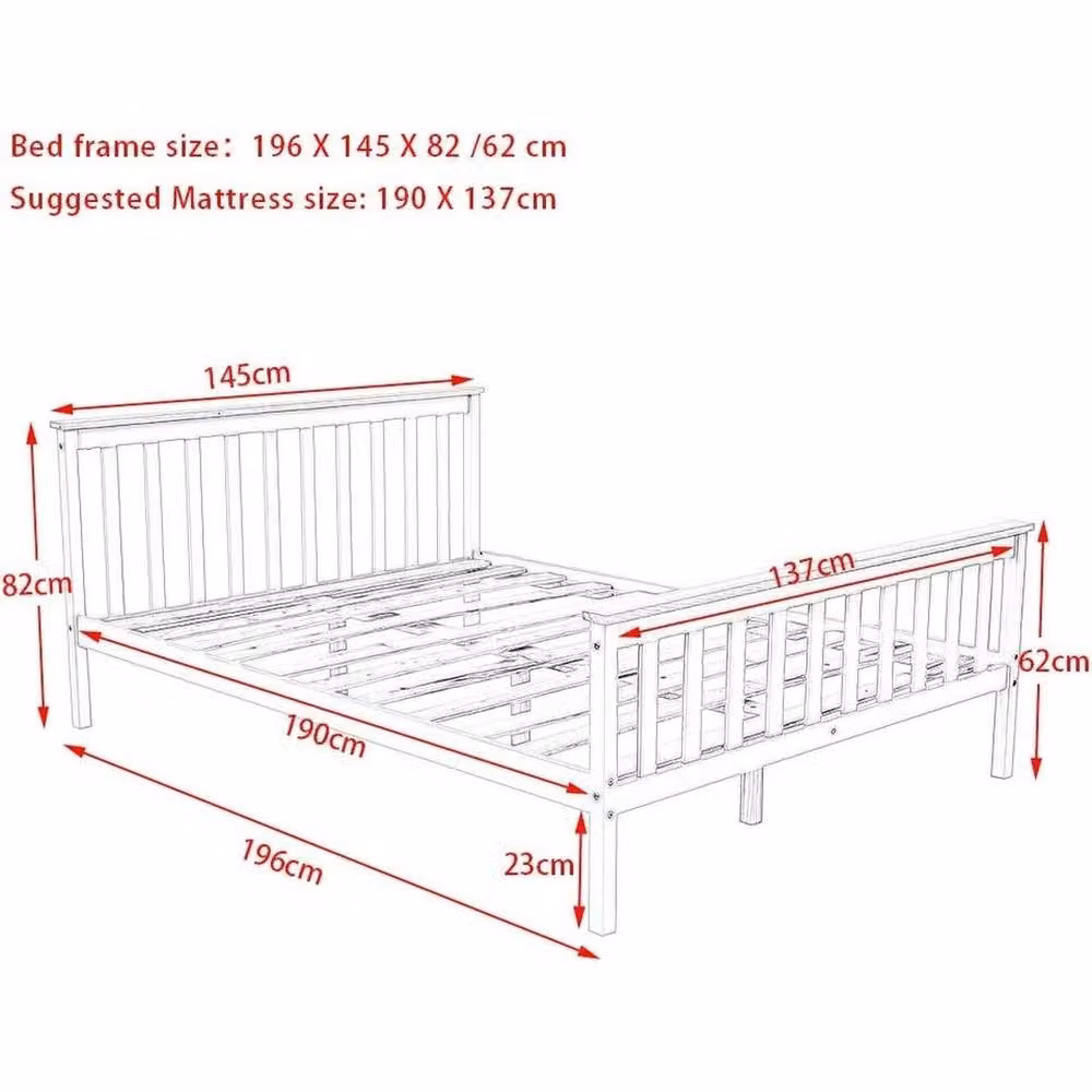 KORVIXA Solid Pine Double Bed Frame, White, W: 140 cm, D: 200 cm – 2