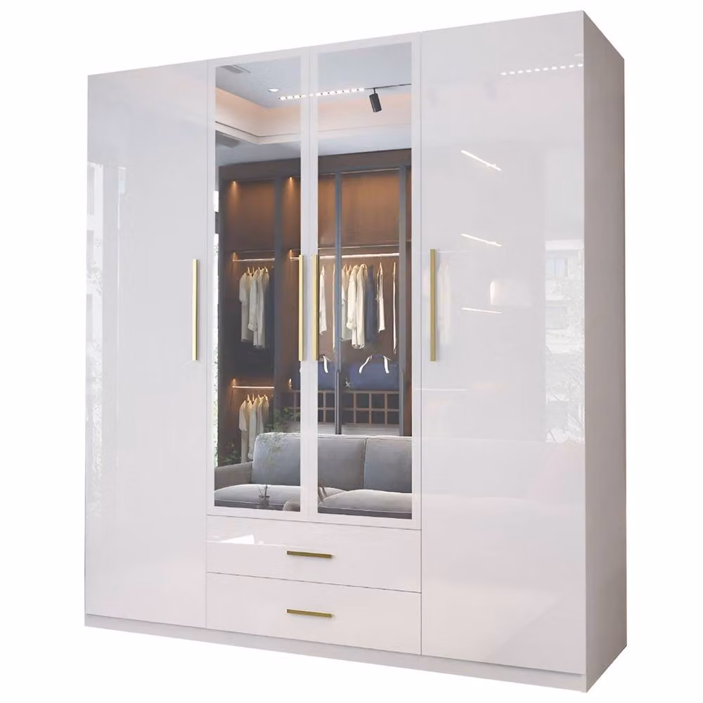 MN Furniture Modern High Gloss 4 Door Mirrored Wardrobe with Gold Handles in White W/H/D: 160 x 200 x 50 cm – 2