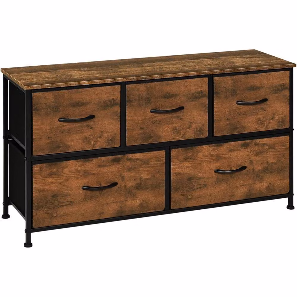 FORGEVIO Industrial Wide 5 Drawer Chest of Drawers with Metal Legs in Brown – 2