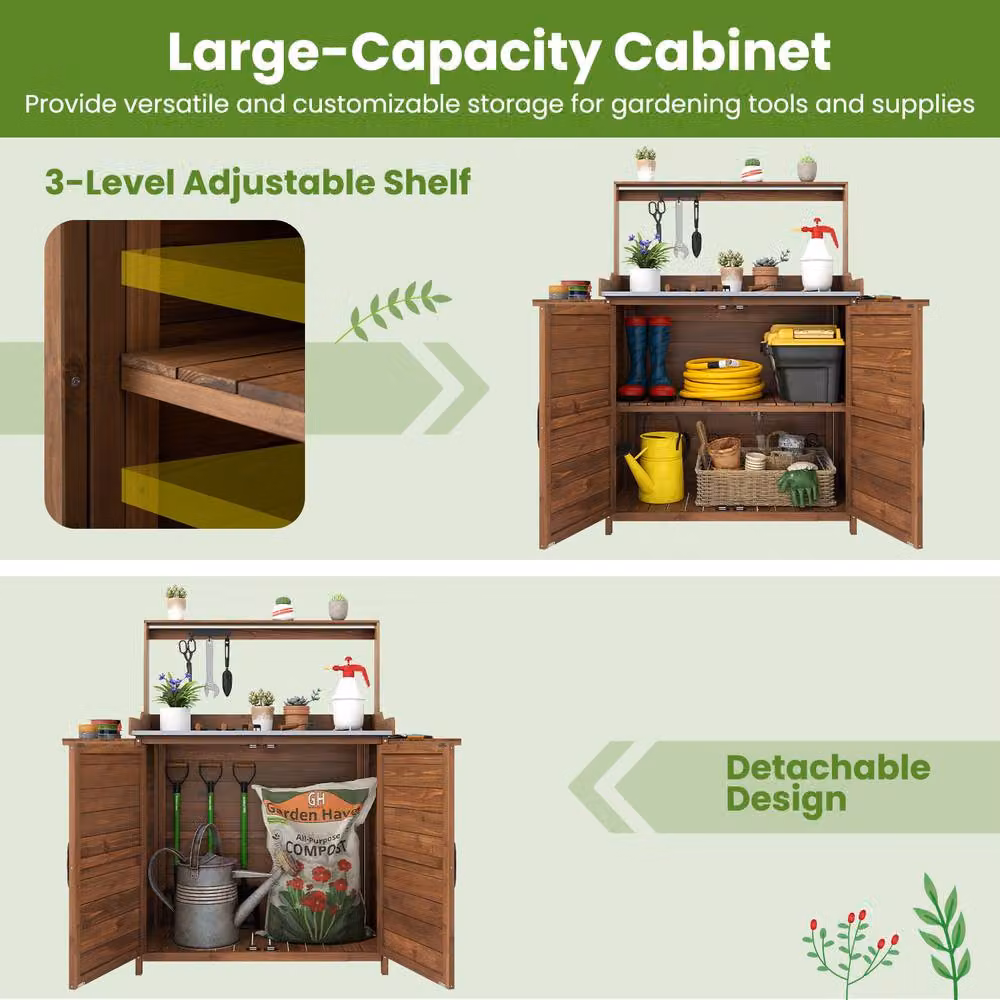 Gymax Outdoor Potting Bench Planting Workbench with Storage Cabinet in Brown – 9