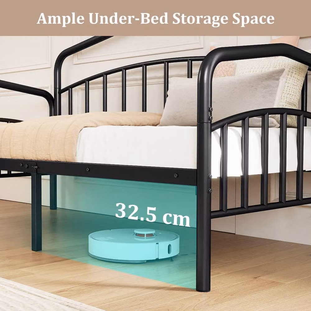 Costway Single Metal Daybed with Rolling Pull Out Trundle in Black, W/D/H: 90 x 200 cm – 9