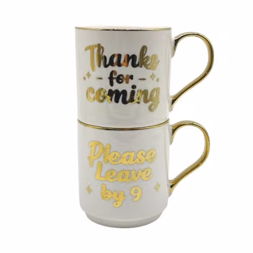 Lesser & Pavey Gold Edition Thanks for Coming Stackable Bone China Mug Set in White and Gold, 300ml