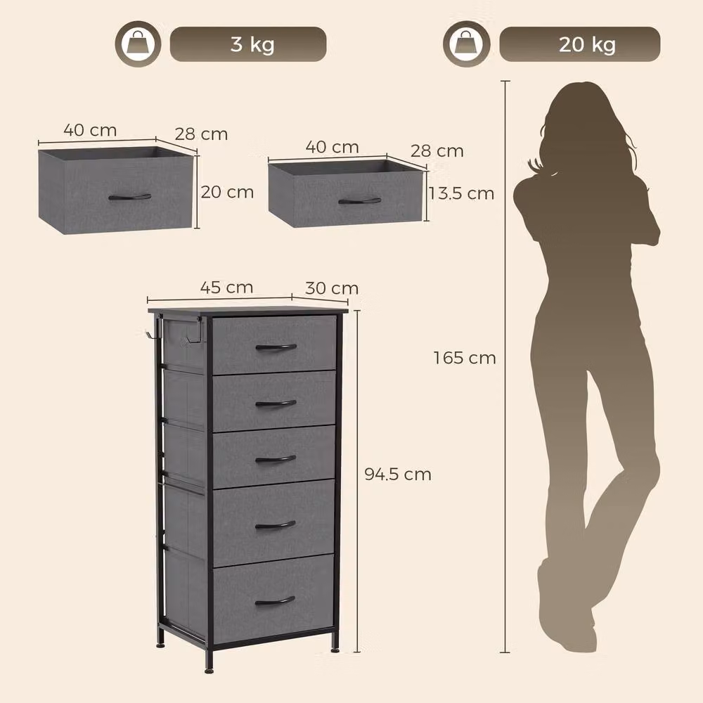 HOMCOM 5 Drawer Fabric Chest of Drawers in Charcoal Grey – 3