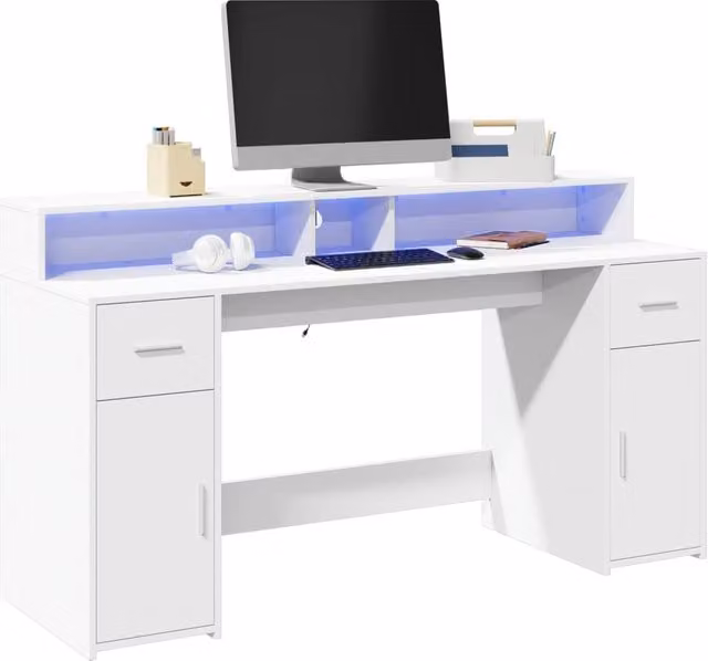 Berkfield White Modern Gaming Desk with LED Lights, W/D/H: 160 x 55 x 91 cm