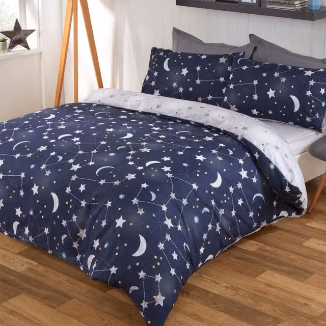 Dreamscene Night Sky Galaxy Reversible Duvet Cover and Pillowcase Set, Blue, Single, 90 x 190 cm