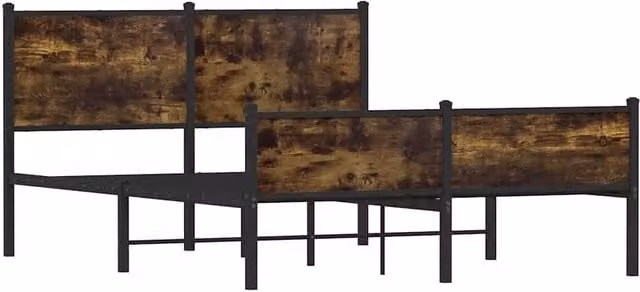 Berkfield Home Metal and Wood Bed Frame in Smoked Oak Brown, W/D/H: 140 x 200 x 91.5 cm
