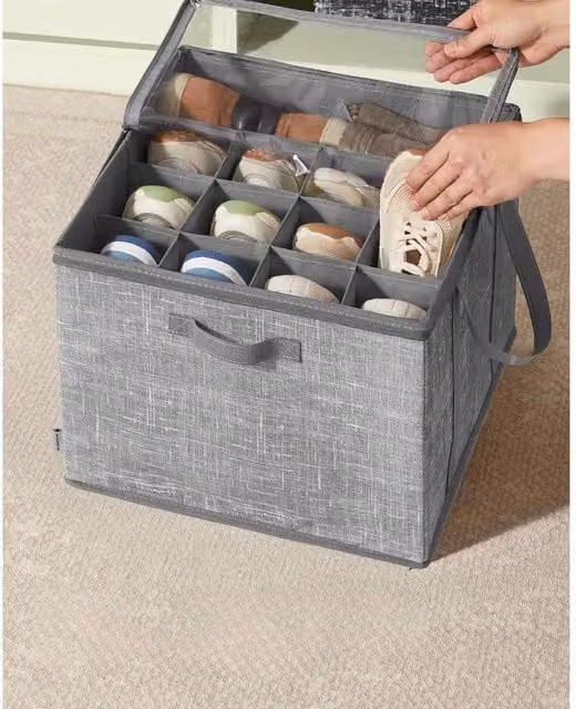 The Bazaarist Fabric Shoe Storage Bin with Clear Lid and Handles, Mid Grey – 1