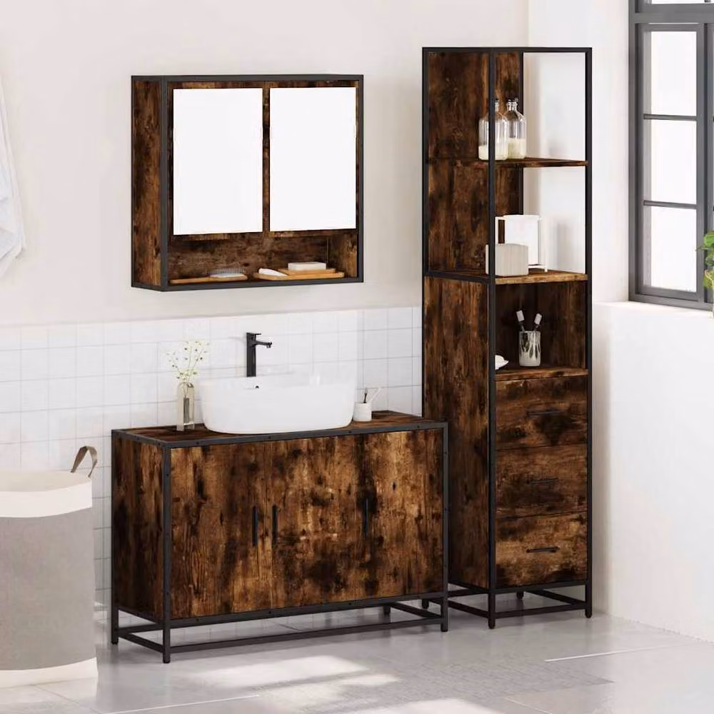 Berkfield Home 3 Piece Industrial Bathroom Furniture Set in Smoked Oak Brown – 2