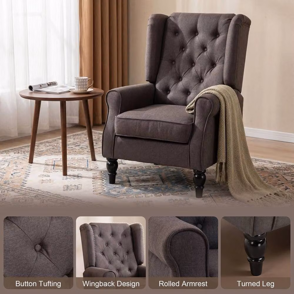NESTLUNE Retro Tufted Wingback Accent Chair in Grey Fabric with Solid Wood Frame – 4
