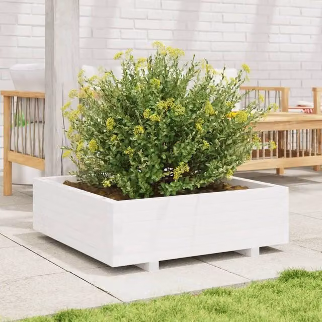 Berkfield Home Decorative White Wooden Garden Planter Tub W: 80 cm, D: 80 cm, H: 26.5 cm – 1