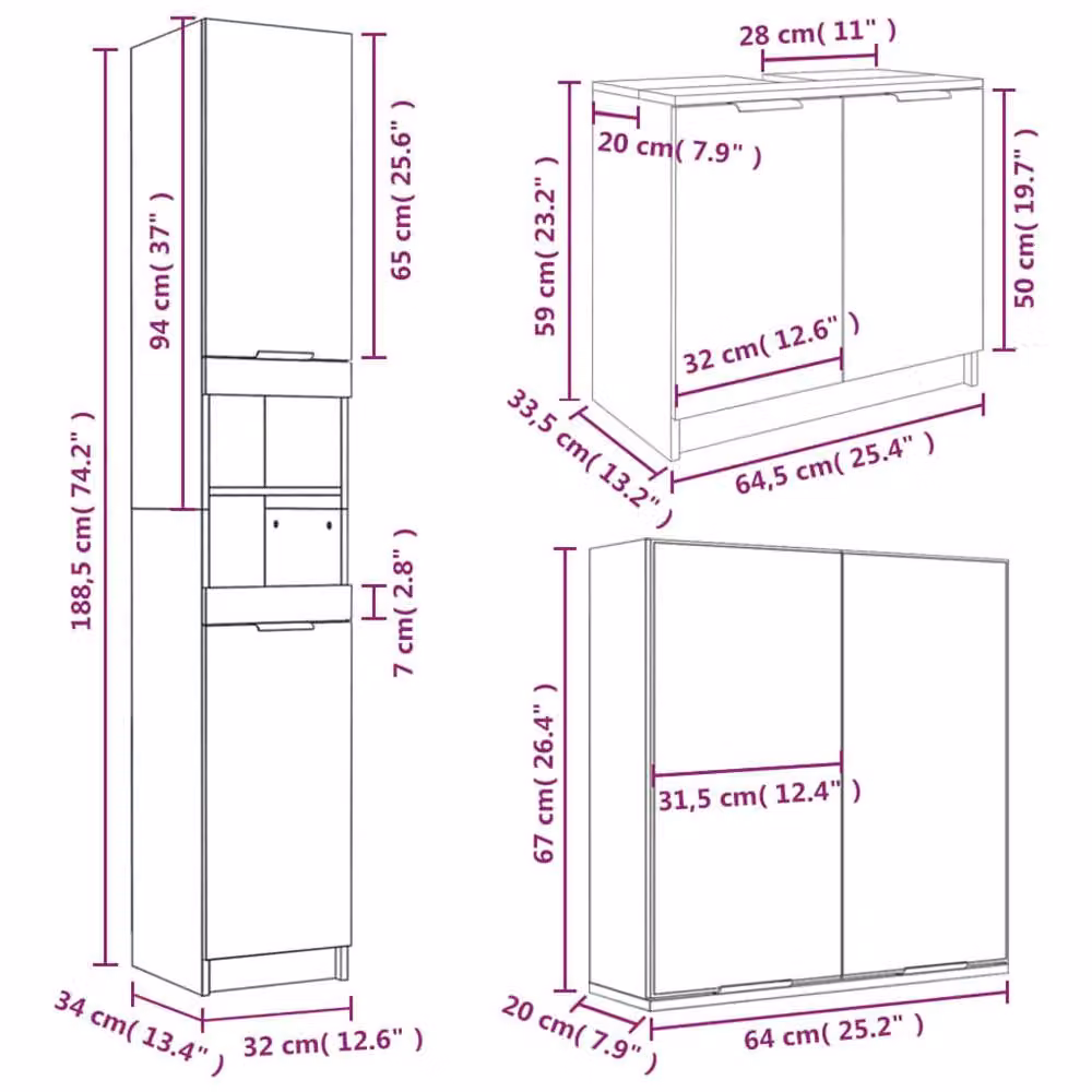 Berkfield Home 3 Piece Grey Modern Bathroom Cabinet Set with Mirror, Tall and Side Cabinets – 3