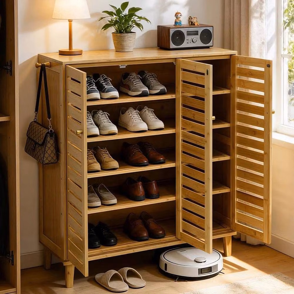 EONLION Retro Tall Shoe Storage Cabinet with Hinged Doors in Brown – 4