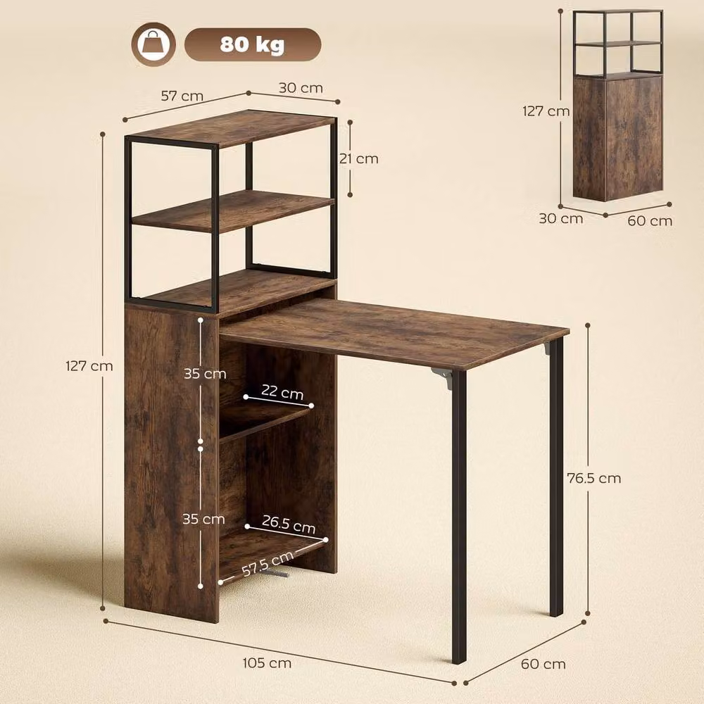 EONLION Rustic Brown Foldable Office Desk with 4-Tier Shelves – 2