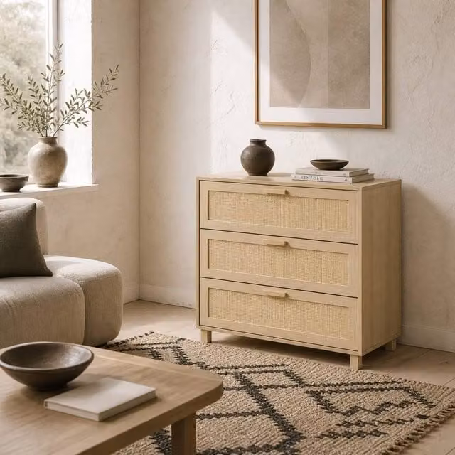 Wyld Haus Doyo Boho 3 Drawer Chest in Natural Rattan and Wood, Beige and Sand