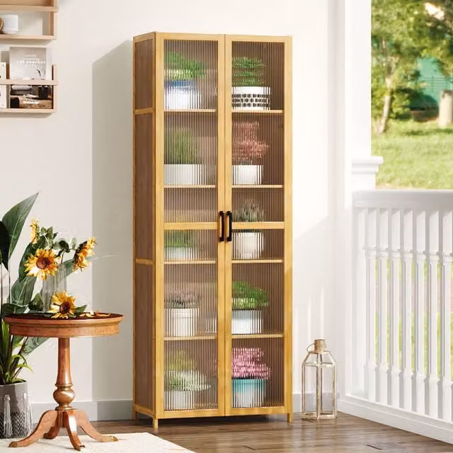 Livingandhome Modern Narrow Brown Wood Storage Cabinet with Glass Doors and Internal Shelves