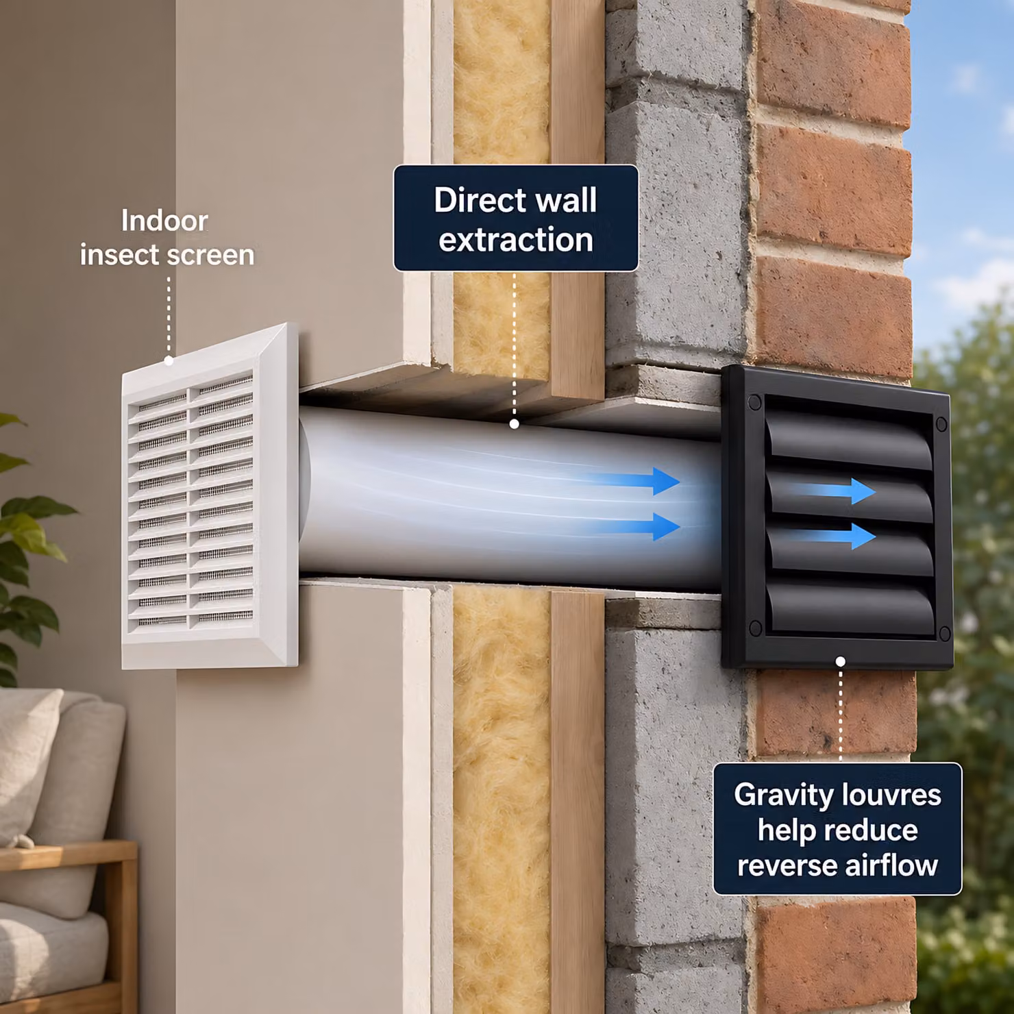 Sola 100mm Through-Wall Ventilation Kit with 500mm Duct and Black Backdraft Grille – 2