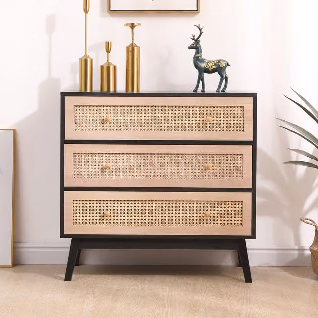 HMD Rattan Chest of 3 Drawers in Black and Natural