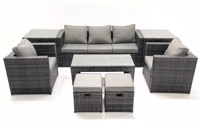 Fimous Rattan Garden Furniture Set in Dark Grey with 3 Seater Sofa, Coffee Table, 2 Armchairs, 2 Ottomans and 2 Side Tables