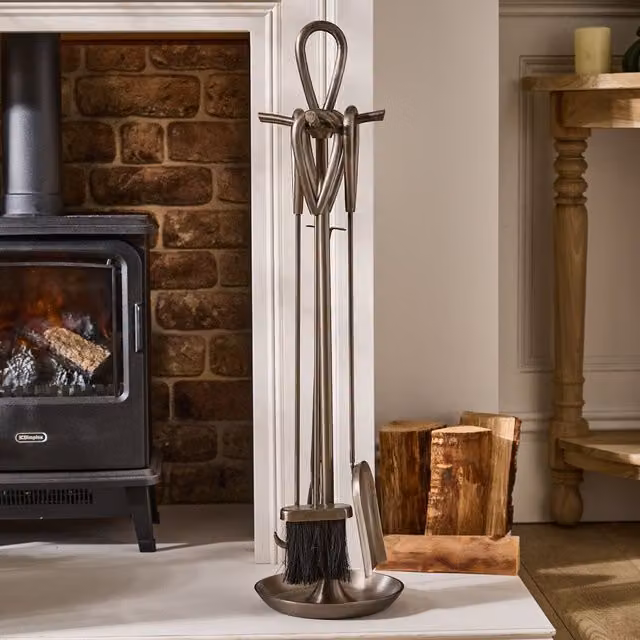 Dibor Contemporary Pewter Antique Fireside Companion Set, Silver, H: 90 cm