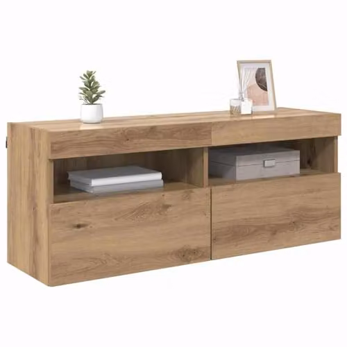 vidaXL Modern Wall-Mounted TV Cabinet in Oak Brown with Integrated Lighting and Internal Shelves, W: 100 cm, D: 30 cm, H: 40 cm – 1