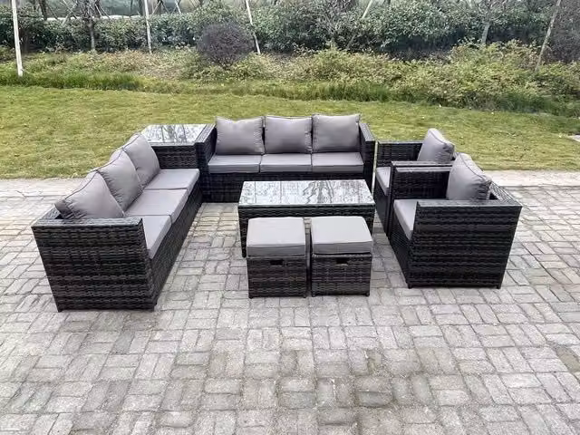 Fimous Modern U-Shape Rattan Garden Lounge Sofa Set with Coffee Table and Ottoman in Dark Grey