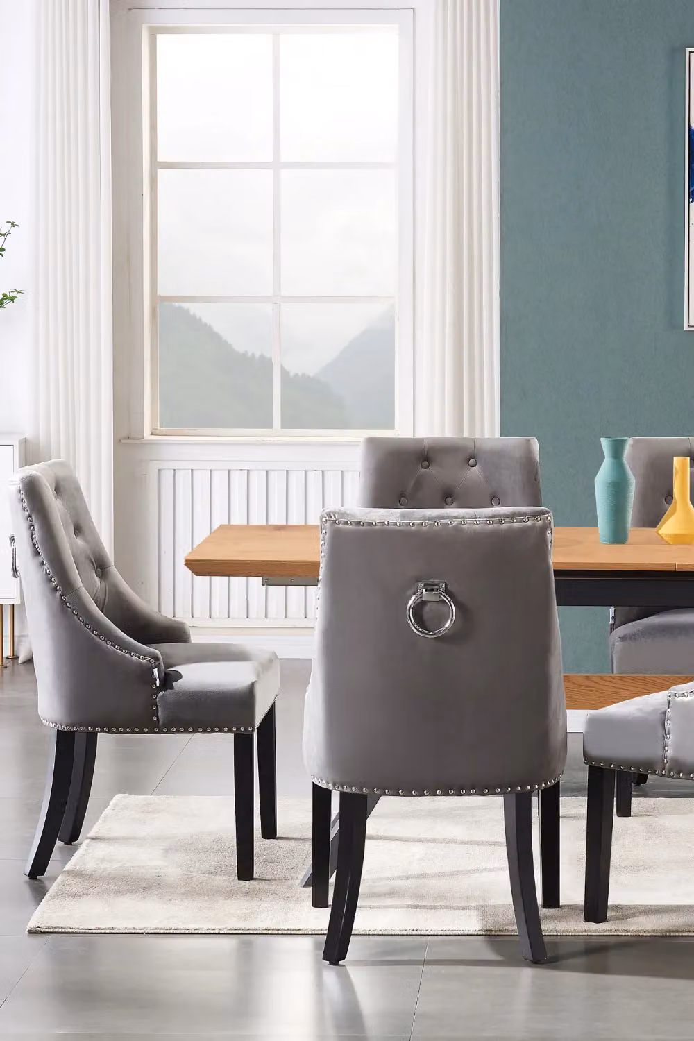 Life Interiors Set of 6 Velvet Dining Chairs in Grey with Solid Wood Legs – 7