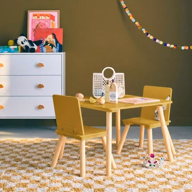 sweeek Children's Square Table and 2 Chairs Set in Yellow with Pine Legs