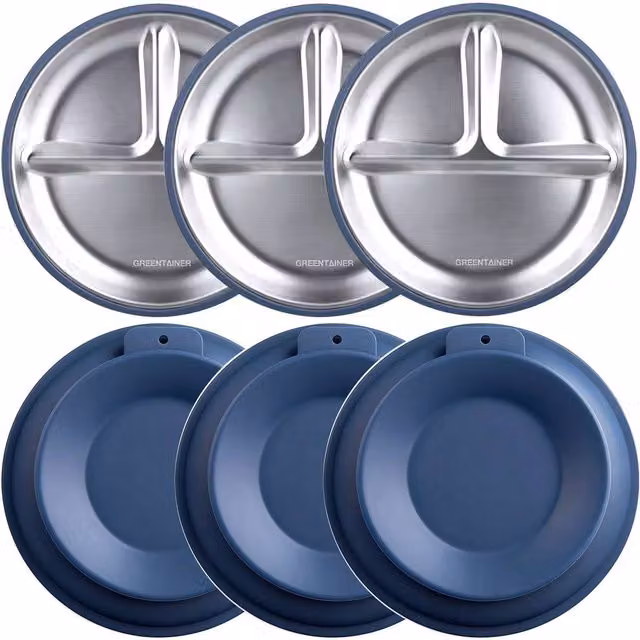 Greentainer 3-Piece Blue Stainless Steel Divided Plate Set with Silicone Suction Base – 1