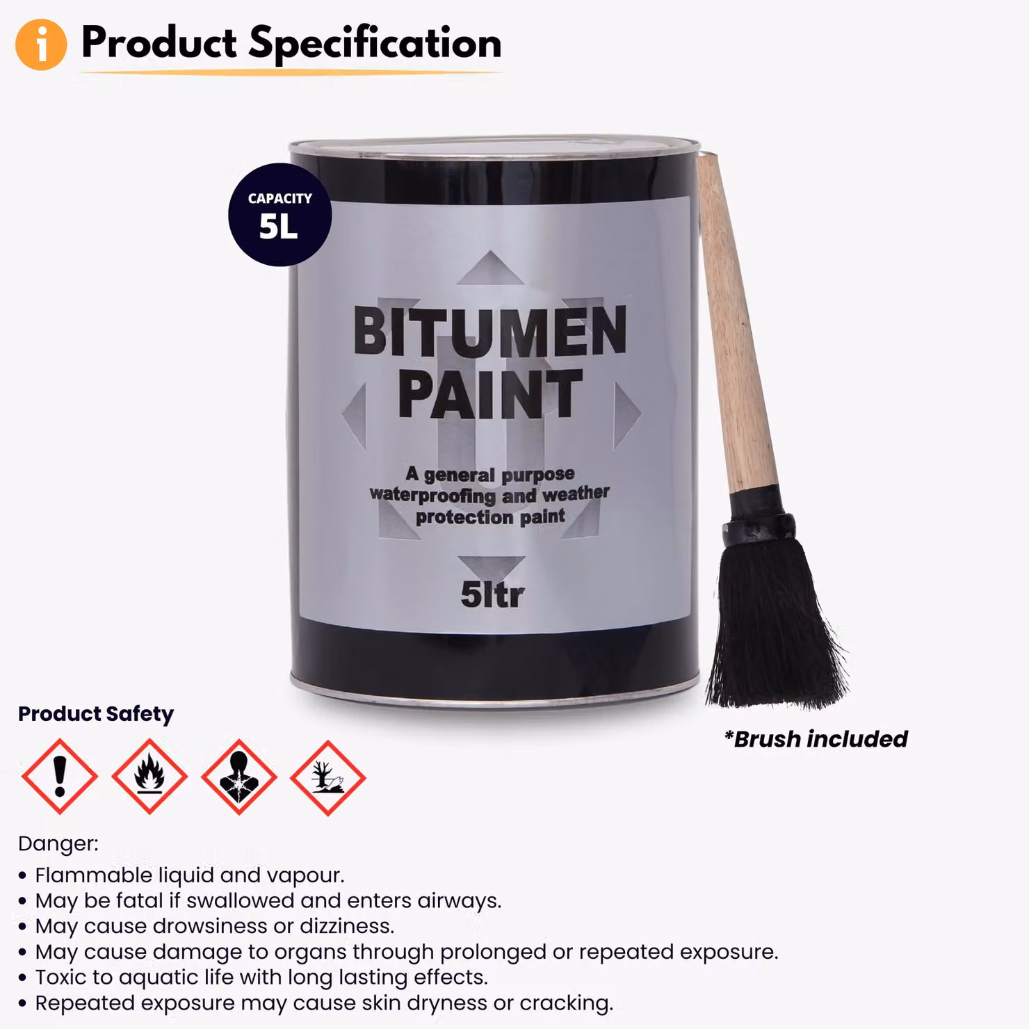 Novecrafto Black Solvent Based Bitumen Paint 5L with Brush for Waterproofing Metal and Outdoor Surfaces – 4