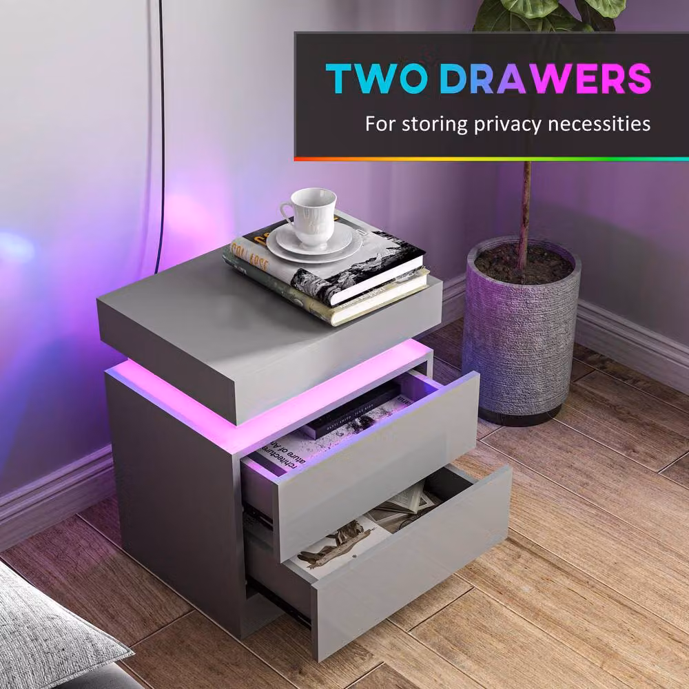 STILVORA Grey Glossy Bedside Table with Integrated LED Lights and 2 Drawers – 4