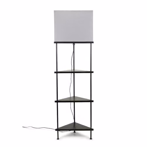 ValueLights Black Wooden 3 Tier Corner Floor Lamp with Grey Fabric Shade and 4W LED E27 Warm White Bulb – 1