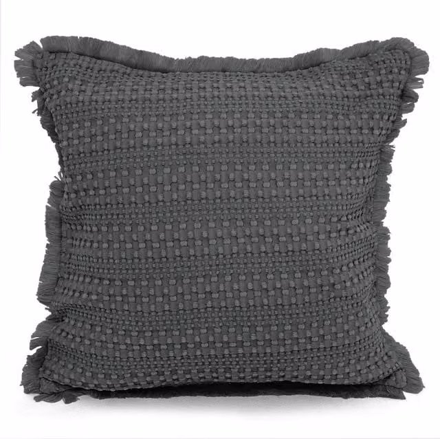 Velosso Charcoal Grey Waffle Fringed Filled Cushion with Removable Cotton Cover, W/D/H: 43 x 43 x 43 cm