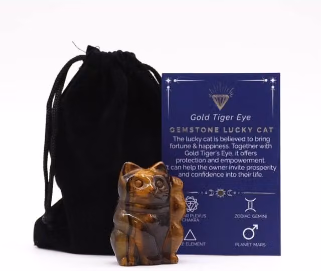KDMD Gold and Brown Tiger Eye Stone Lucky Cat Figurine for Oriental Decor
