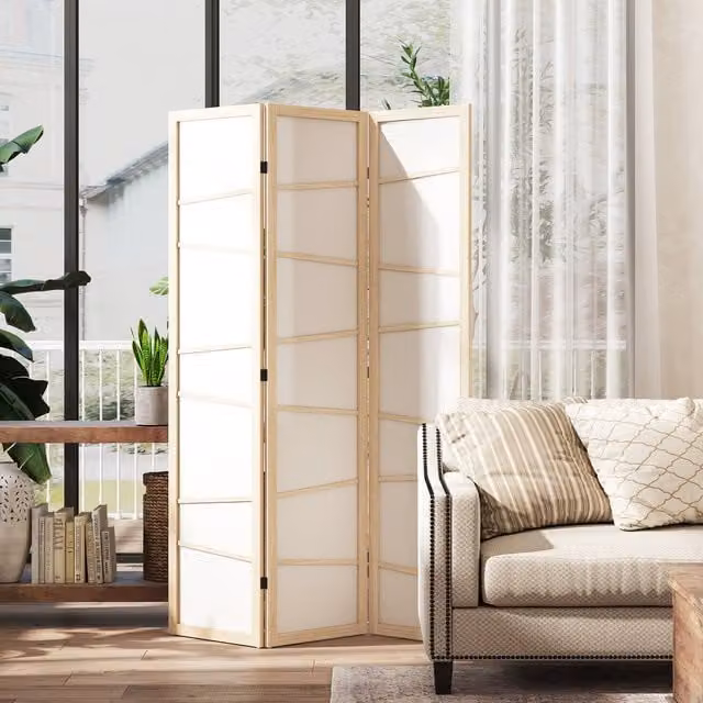 HOMCOM 3 Panel Folding Privacy Screen with Stripe Design in Natural Wood Finish, H 170 x W 120 x D 3 cm