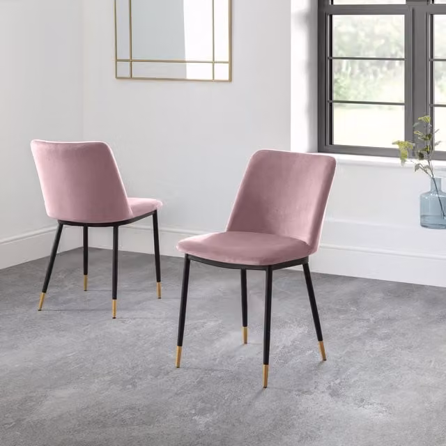 Julian Bowen Set of 2 Delaunay Velvet Dining Chairs in Pink with Metal Legs