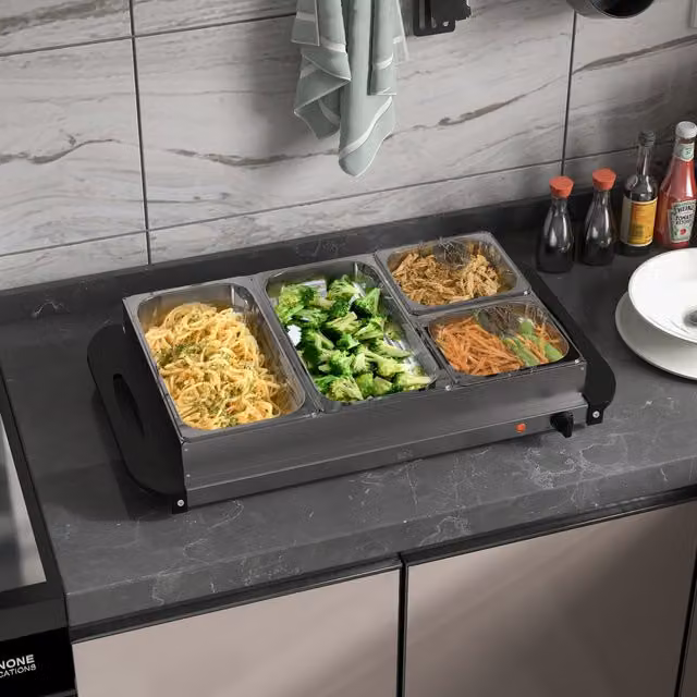 HOMCOM Electric Buffet Server with Temperature Control and Cool Touch Handle in Silver and Black Stainless Steel