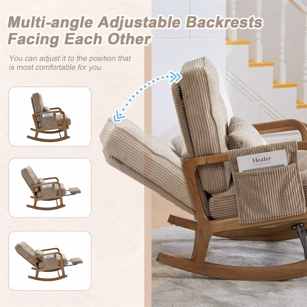 Direct Wicker Corduroy Upholstered Rocker Glider Chair with Footrest and Side Pocket in Medium Beige – 3