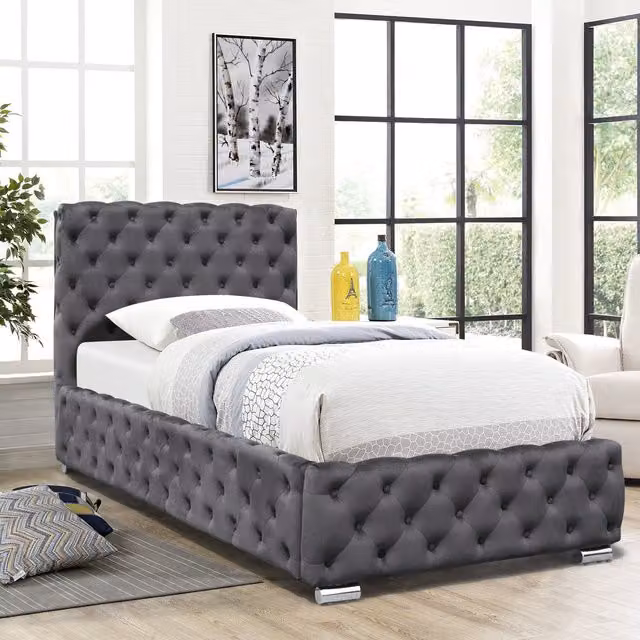 Comfy Living Chesterfield Tufted Fabric Bed Frame, Grey, W/D/H: 90 x 190 cm