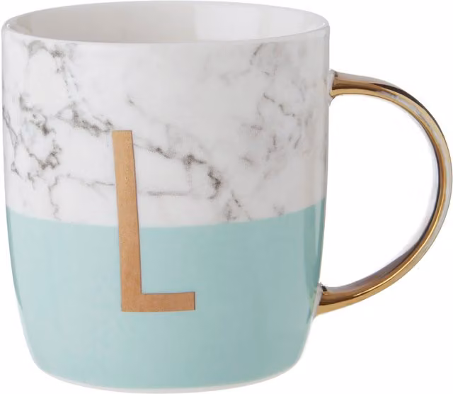 Orsina Personalized Pastel Green L Letter Monogram Bone China Mug with Gold and Green Marble Effect